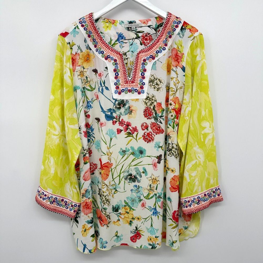 John Mark Tunic Top Shirt Large Floral Beaded Embroidered Garden Party Statement